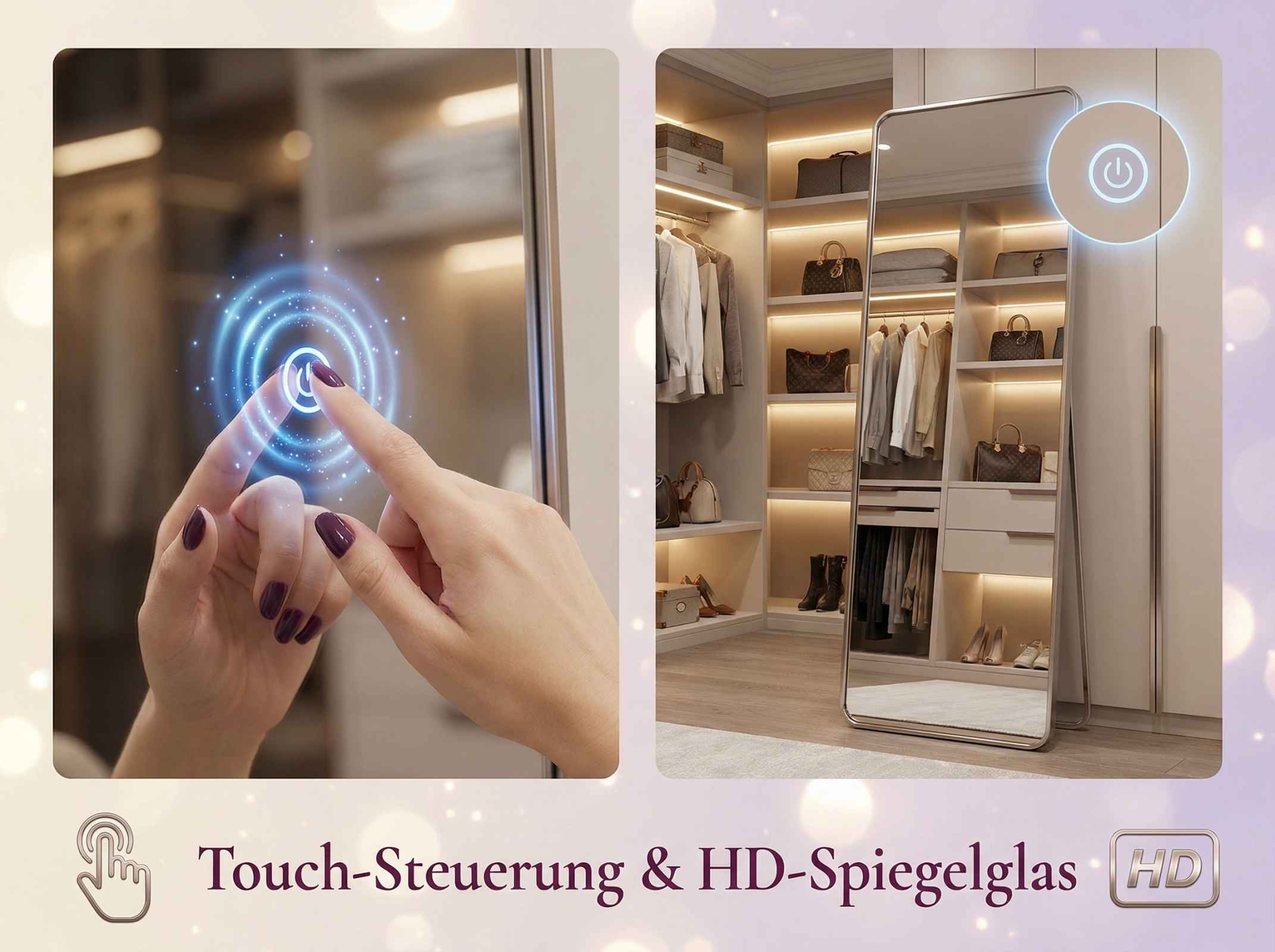 Hand berührt beleuchteten Power-Button auf Spiegel in Kleiderschrank.