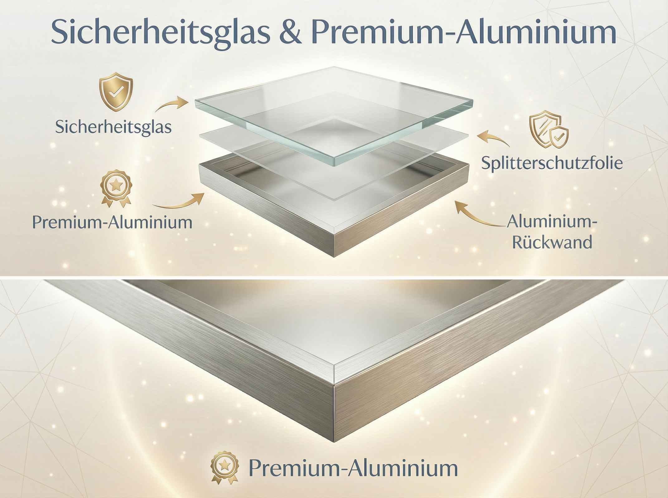 Explosionsdarstellung von Sicherheitsglas, Splitterschutzfolie und Aluminiumrahmen.