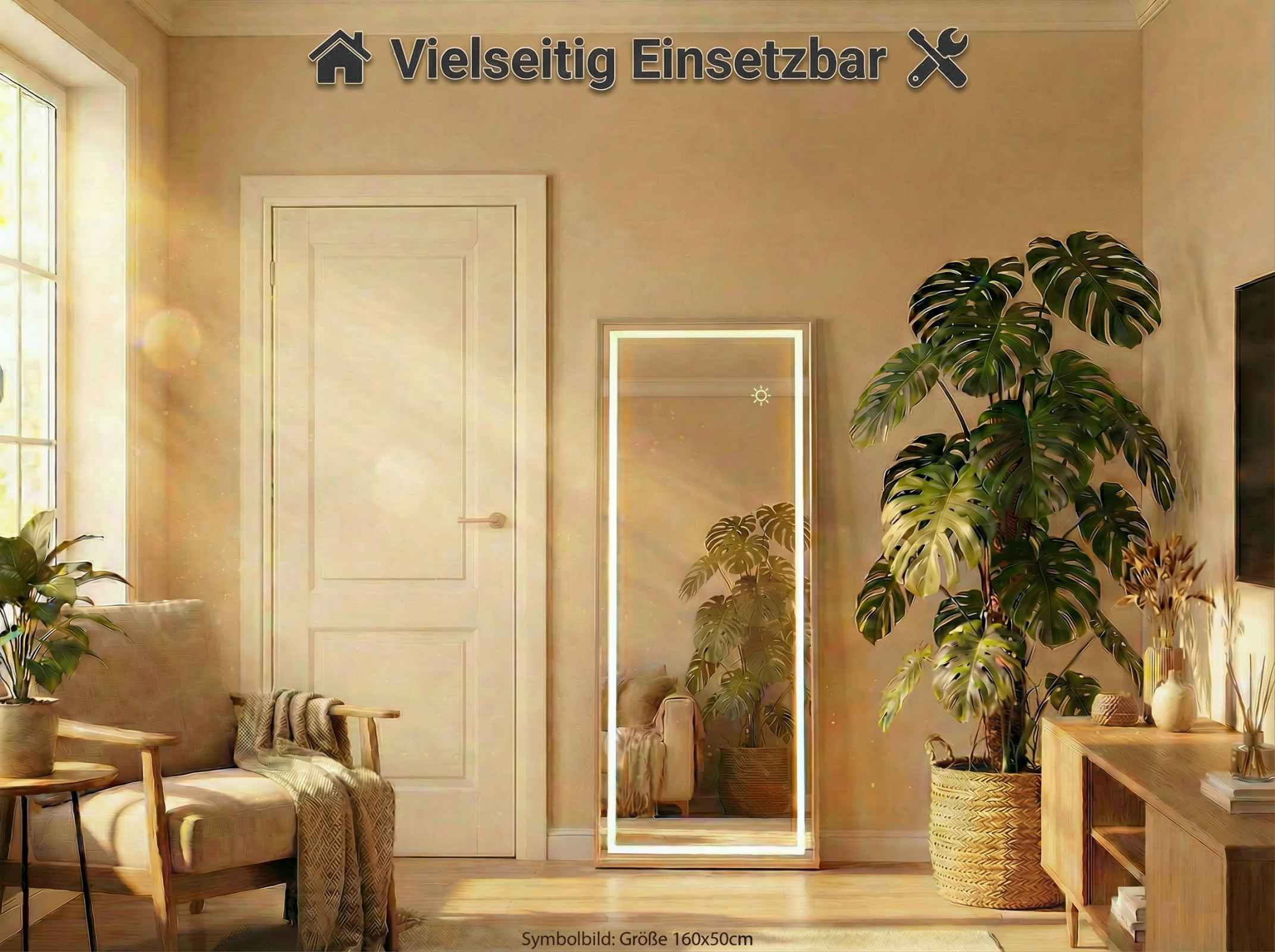 Ein heller Raum mit Sessel, Tür, Spiegel, Pflanze und Kommode.
