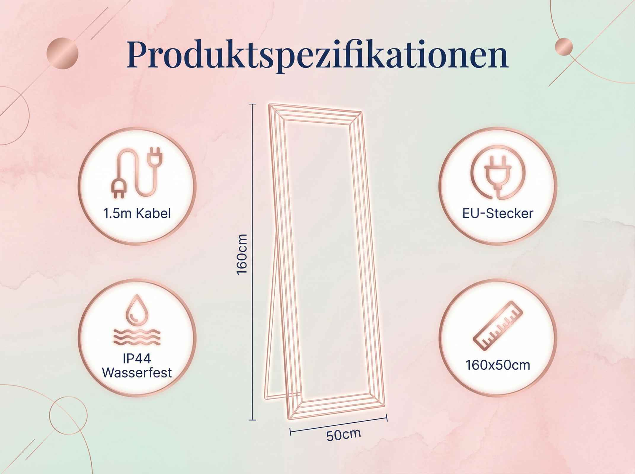 Spiegel 160x50cm, 1.5m Kabel, IP44 wasserfest, EU-Stecker.