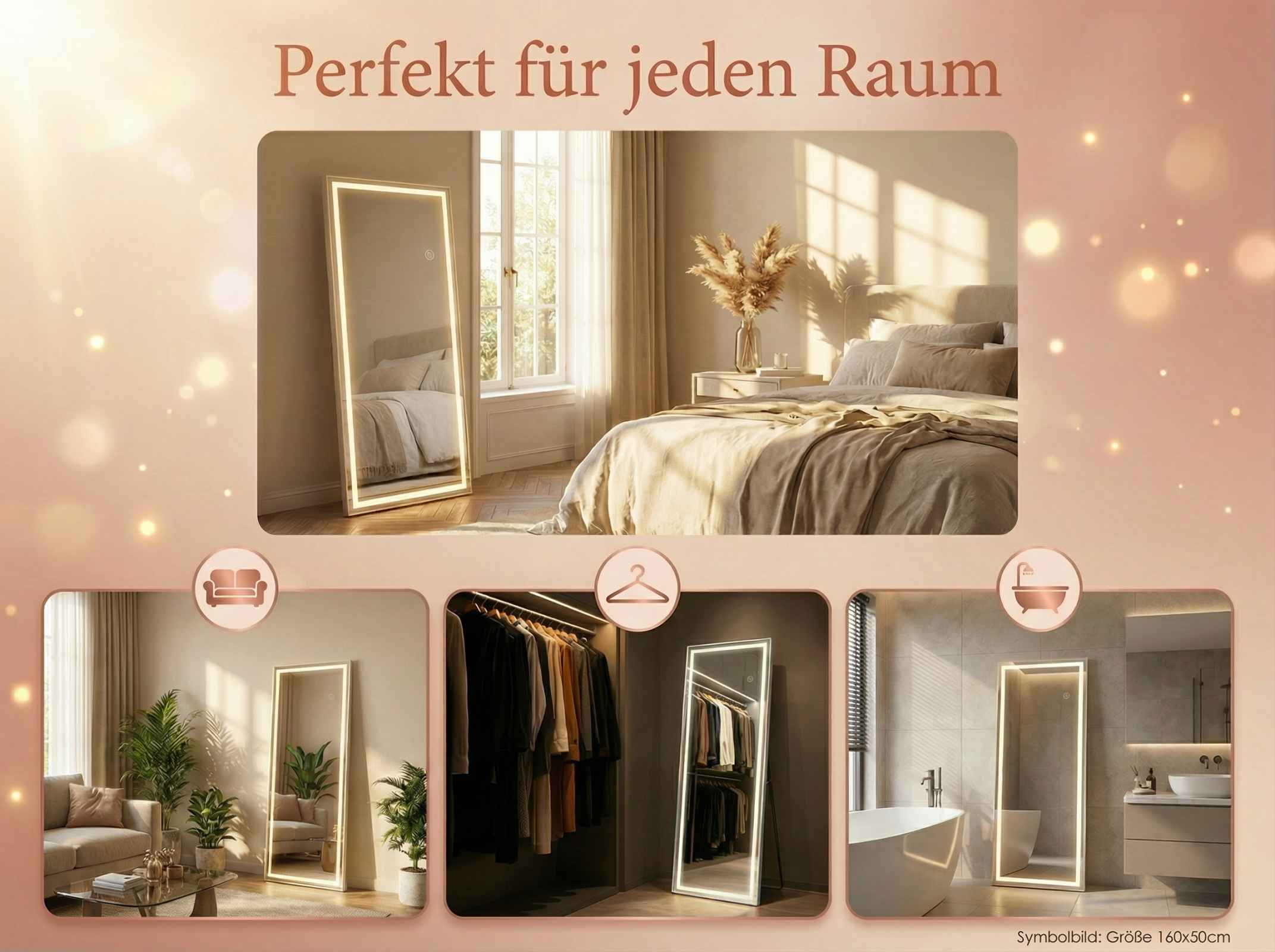 Spiegel mit LED-Beleuchtung in verschiedenen Räumen: Schlafzimmer, Ankleide, Bad.