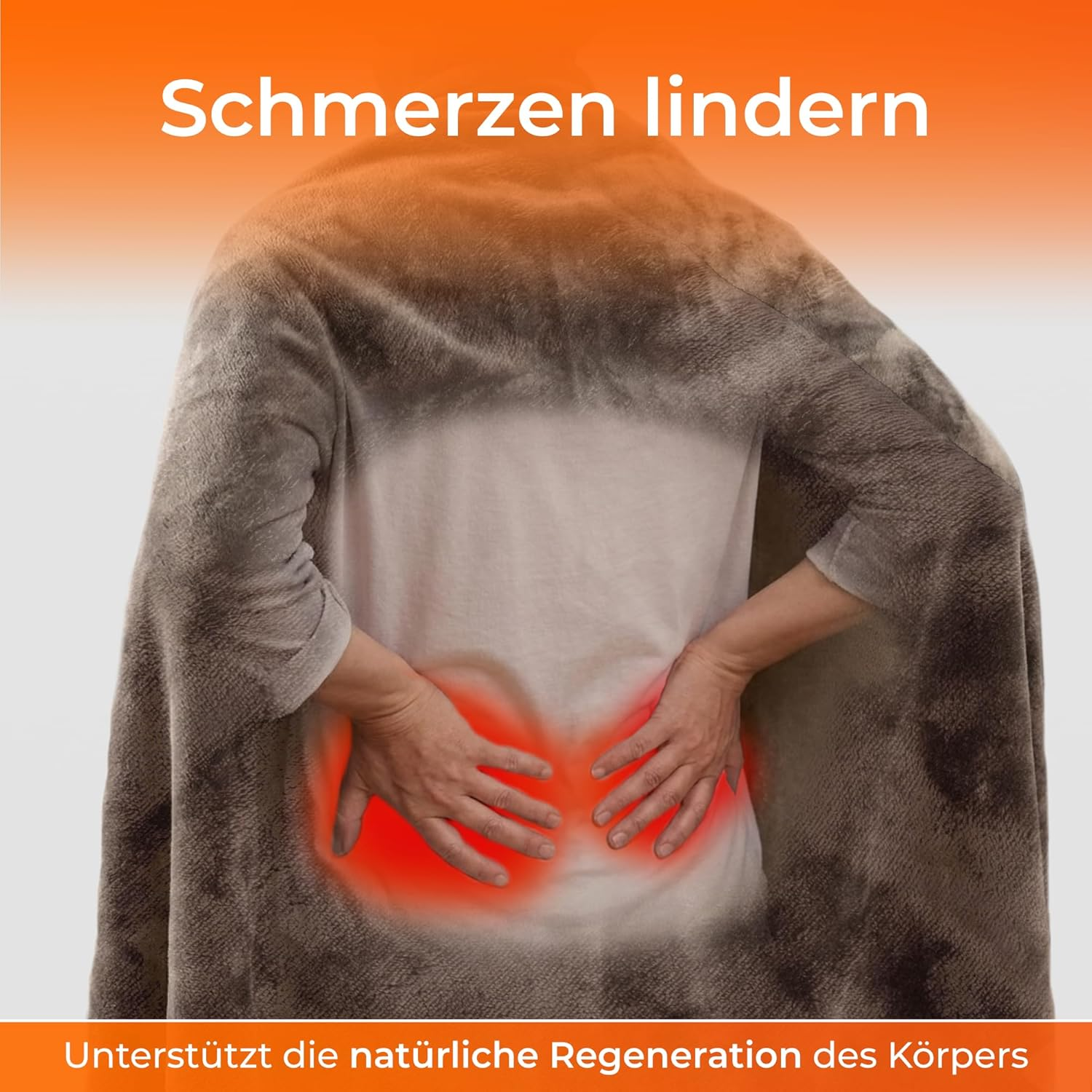 Rückenschmerzen: Hände umfassen den unteren Rücken, rot markiert.