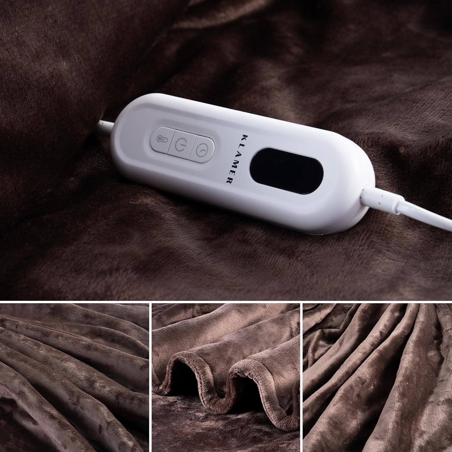 Ein weißer elektrischer Deckenregler mit Kabel auf braunem Stoff.