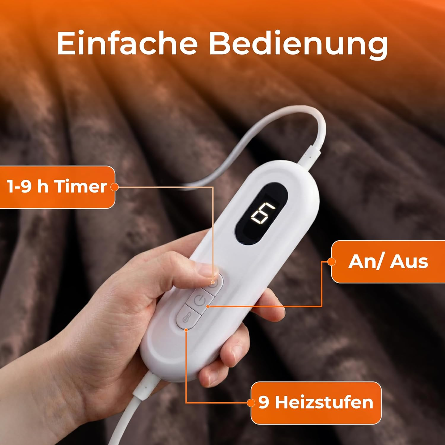 Weiße Steuerung mit digitaler Anzeige, 9 Heizstufen, Timer, An/Aus-Funktion.