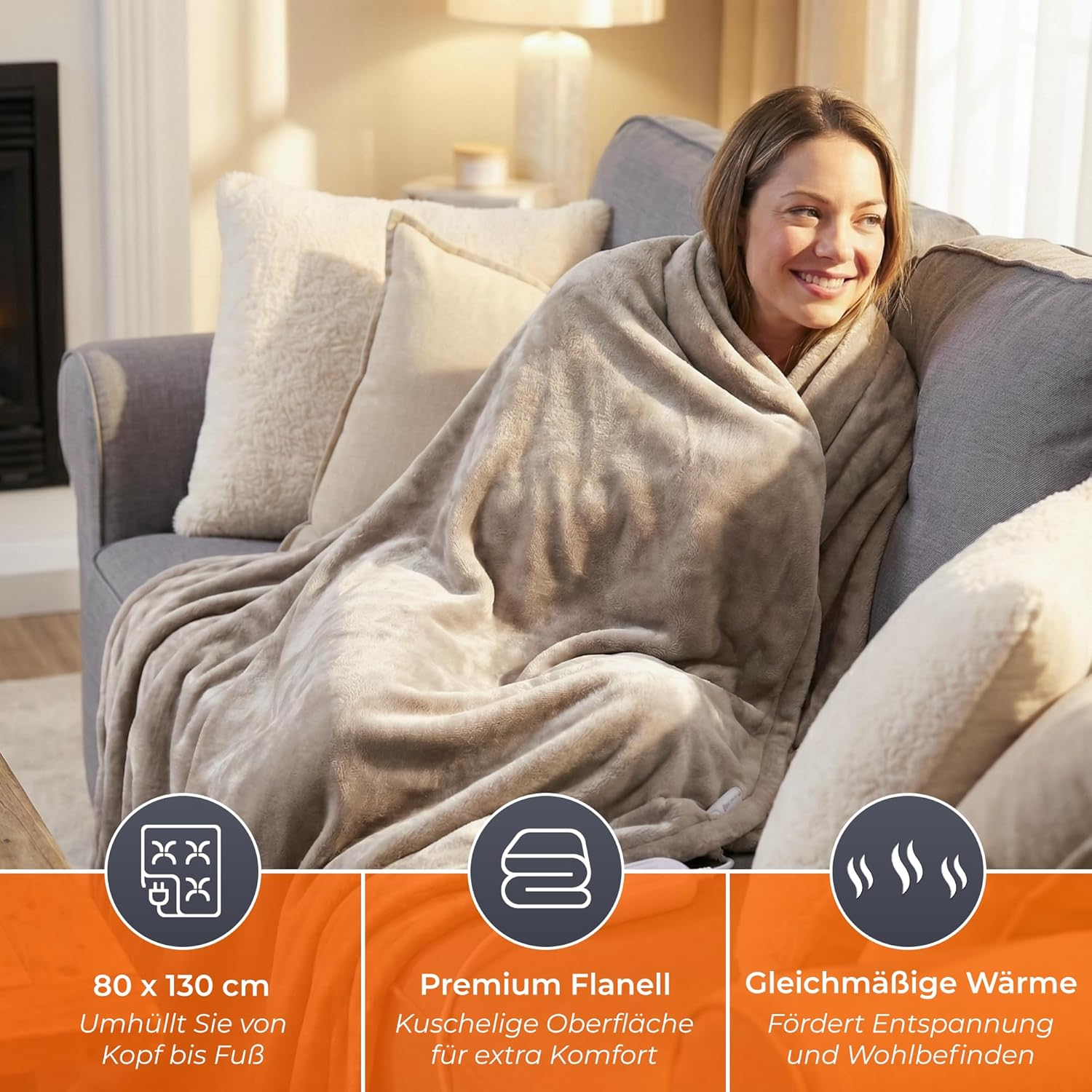Frau genießt Wärme unter einer weichen Decke auf einem Sofa, mit drei Infoboxen.