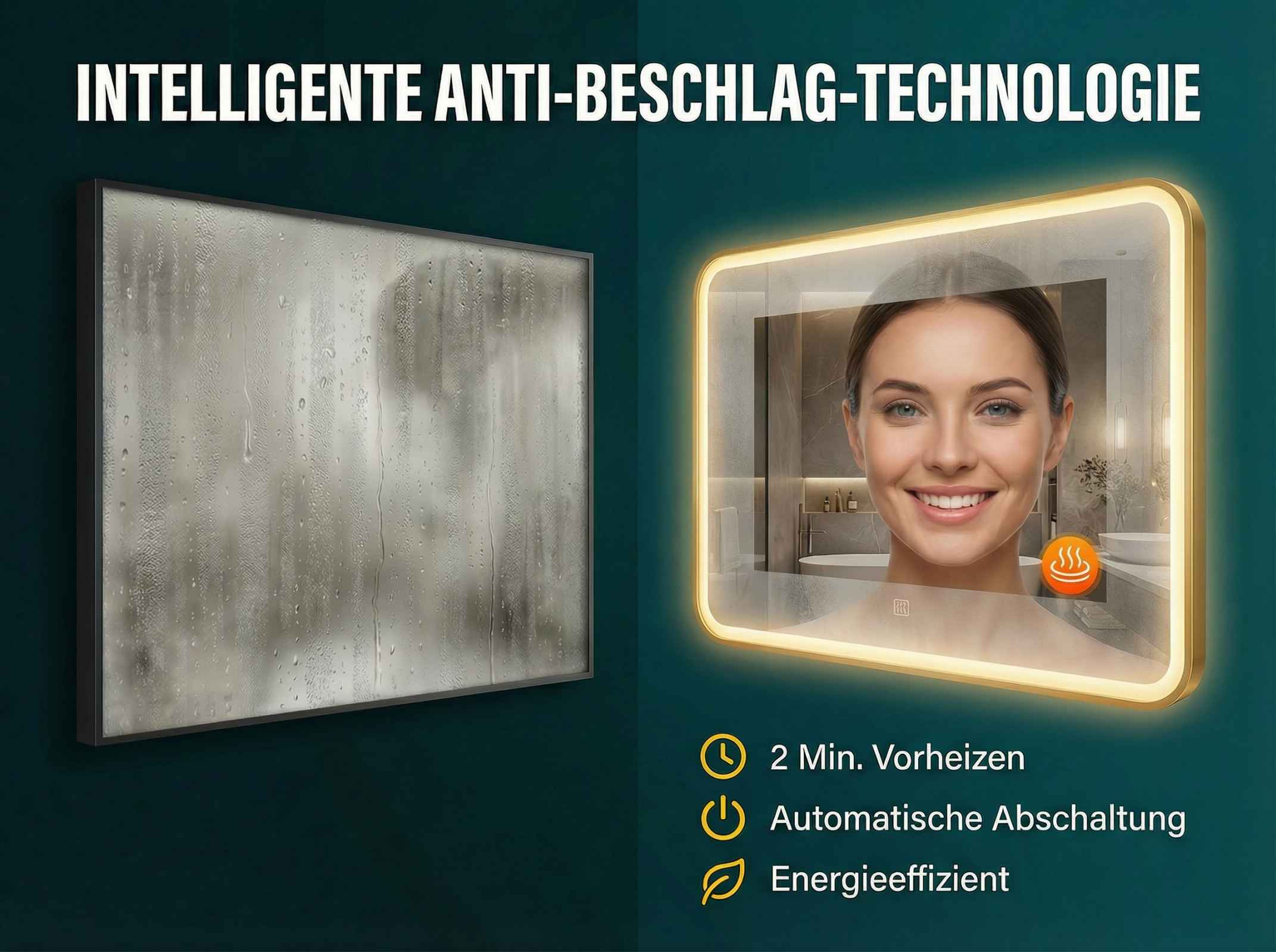 Spiegel mit Nebelschutz, beleuchtet, zeigt Frau und Badezimmerdetails.