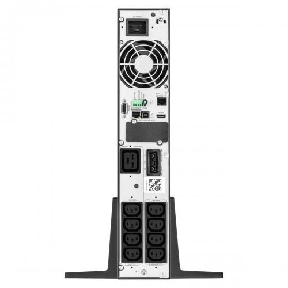 Tył czarnego urządzenia UPS z wentylatorem, portami i gniazdami.