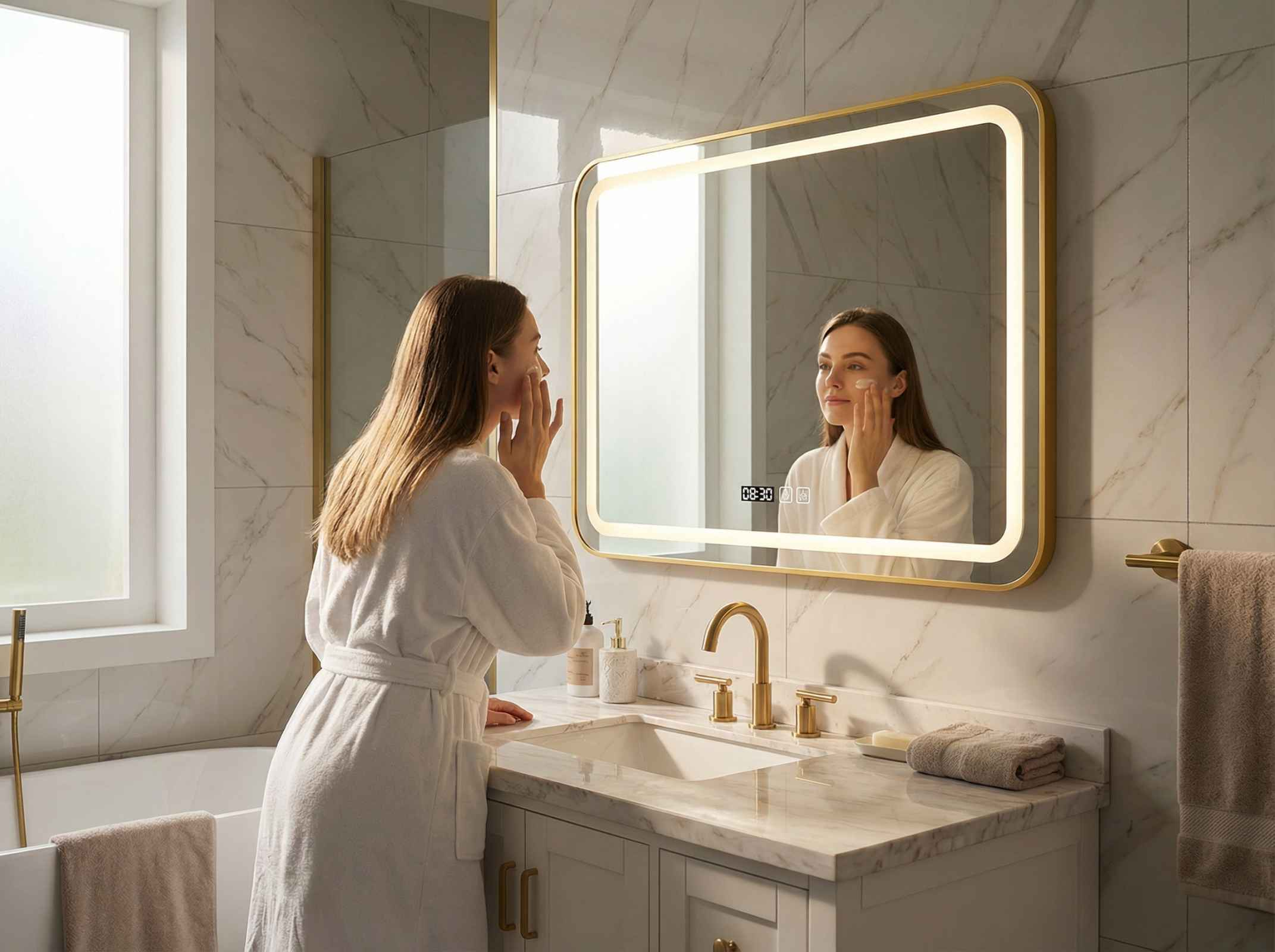 Eine Frau in einem weißen Bademantel trägt Creme im Gesicht auf.