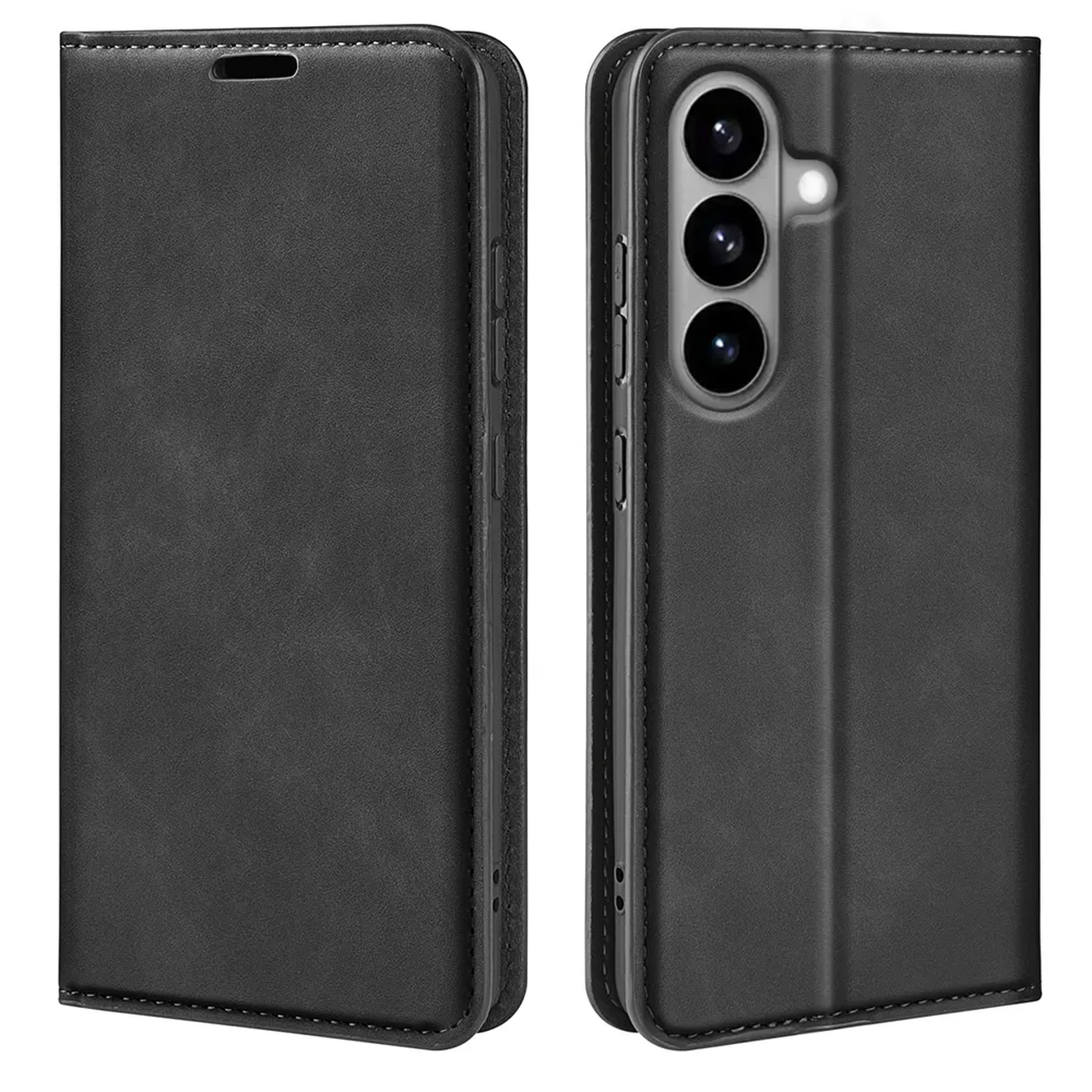 Zwarte leren flip telefoonhoes, voor- en achterkant.