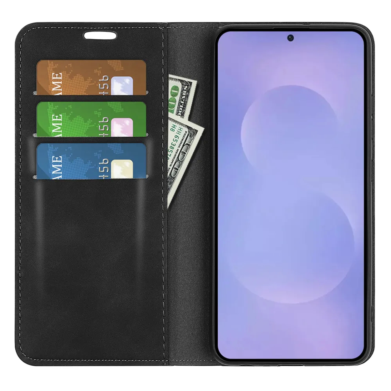 Zwarte telefoonhoes met drie kaartsleuven en bankbiljetten.