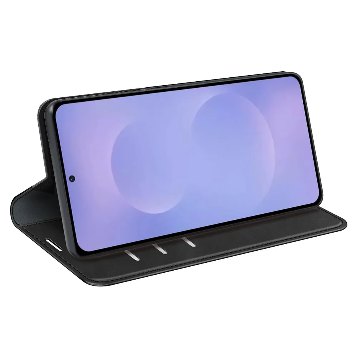 Een zwarte smartphone in een open leren hoesje, scherm toont een paarse achtergrond.
