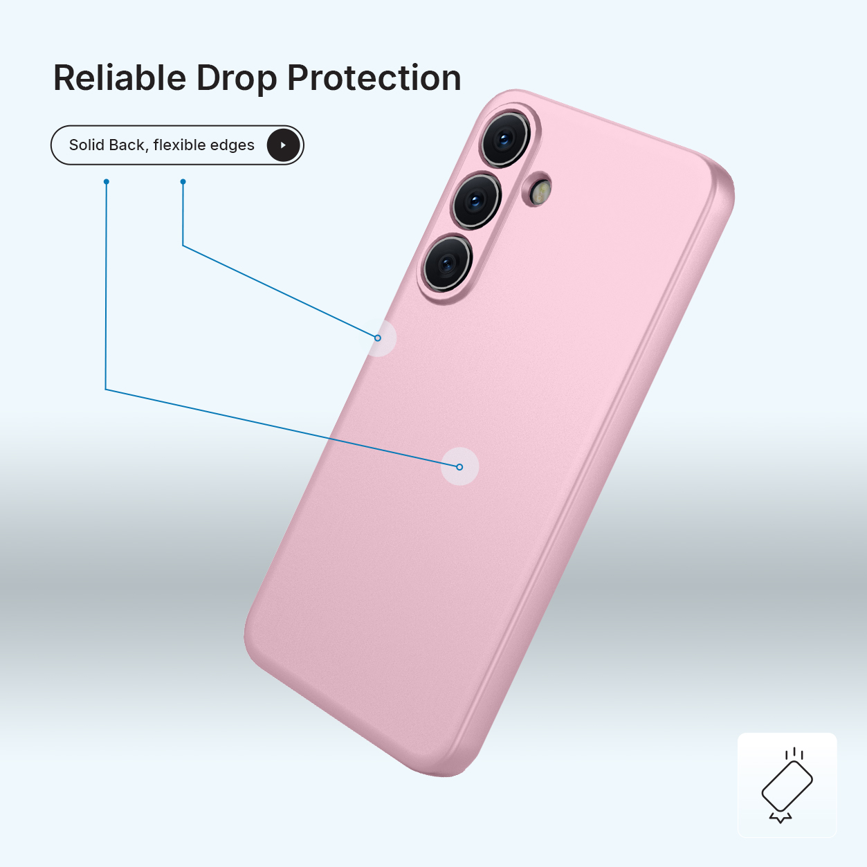 Een roze telefoonhoesje met drie camera's aan de achterkant.