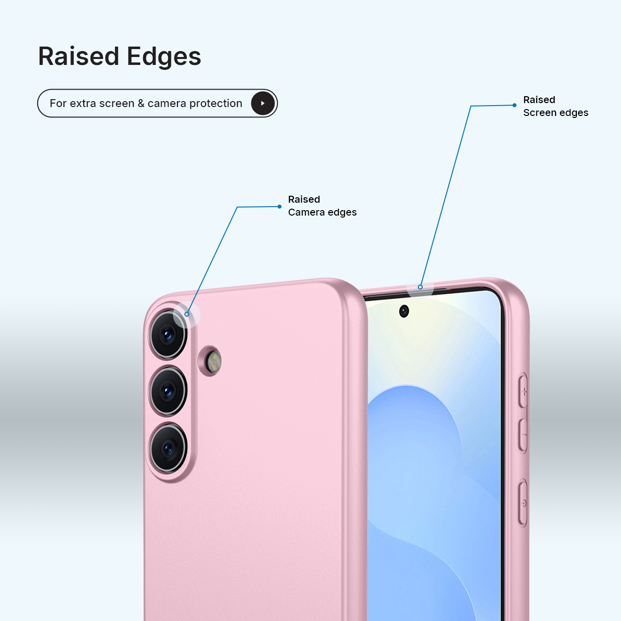 Een roze telefoonhoes met verhoogde randen voor camera- en schermbescherming.