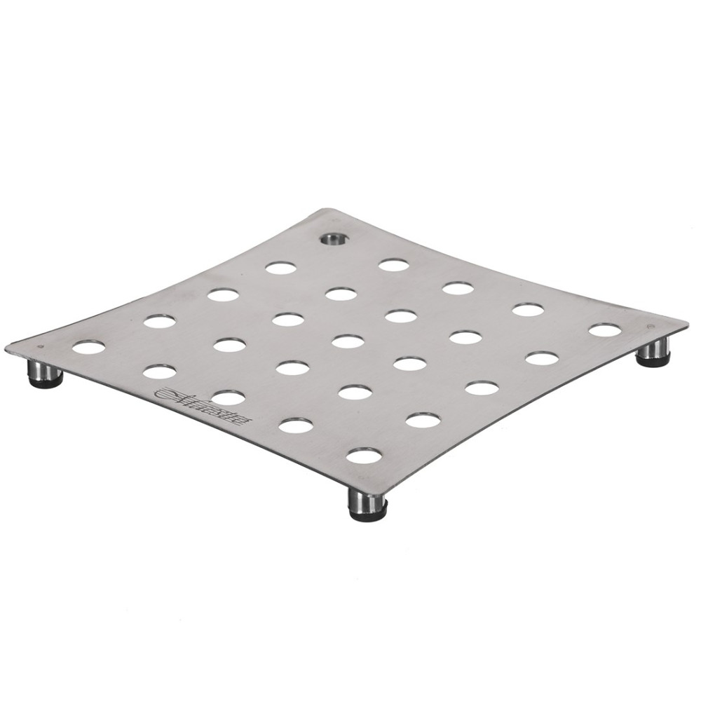 Kwadratowa perforowana blacha metalowa z czterema stopkami i logo.