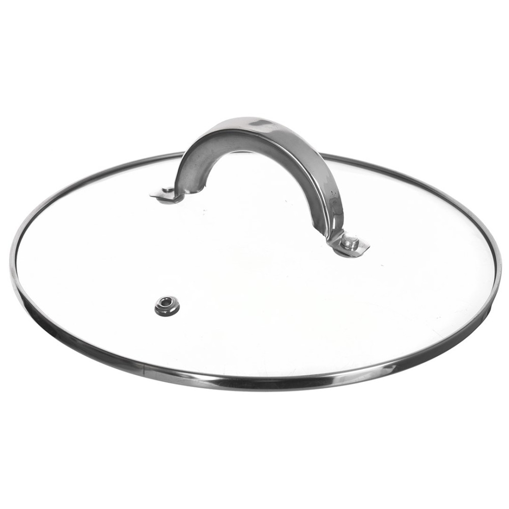 Szklana pokrywka garnka z metalowym uchwytem i otworem wentylacyjnym.