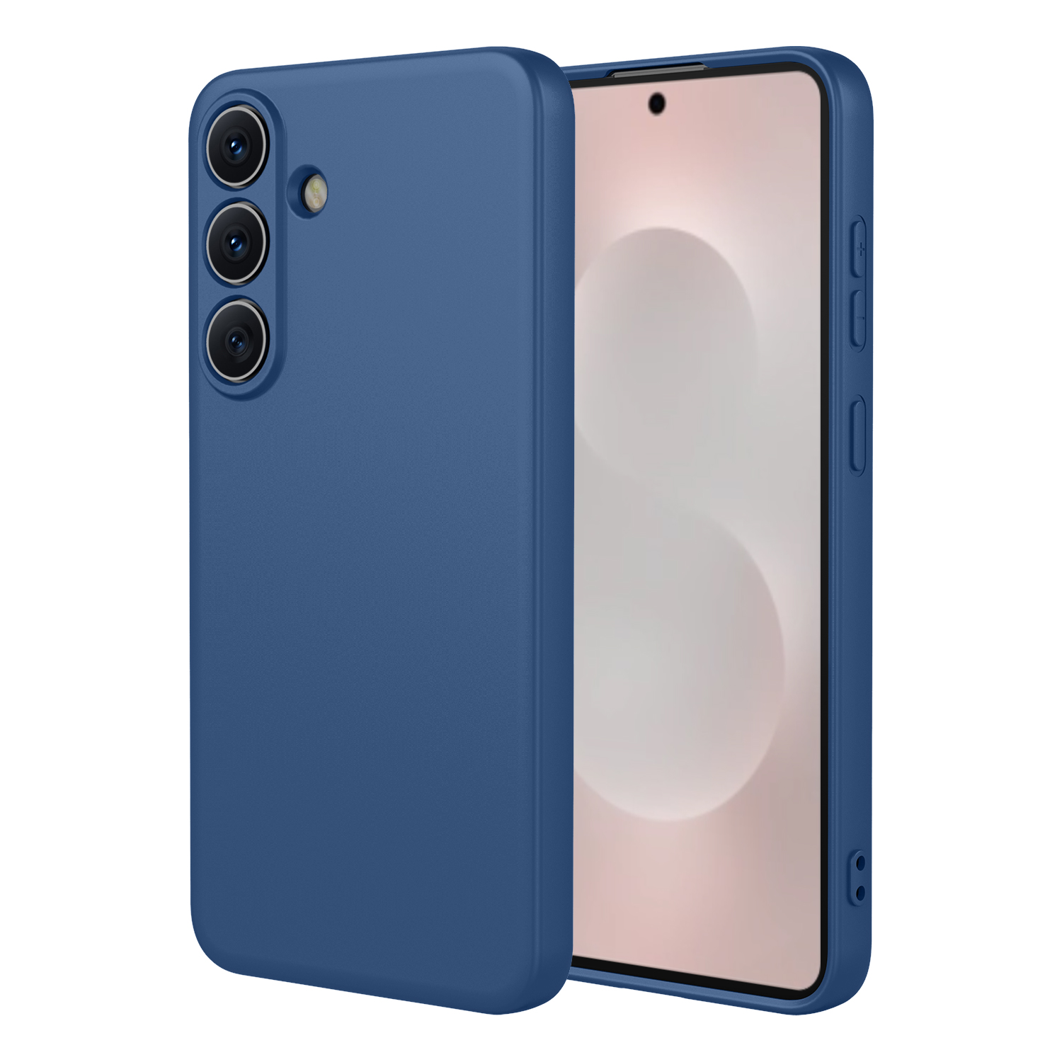 Blauw telefoonhoesje met drie camera lenzen en een flitser aan de achterkant.