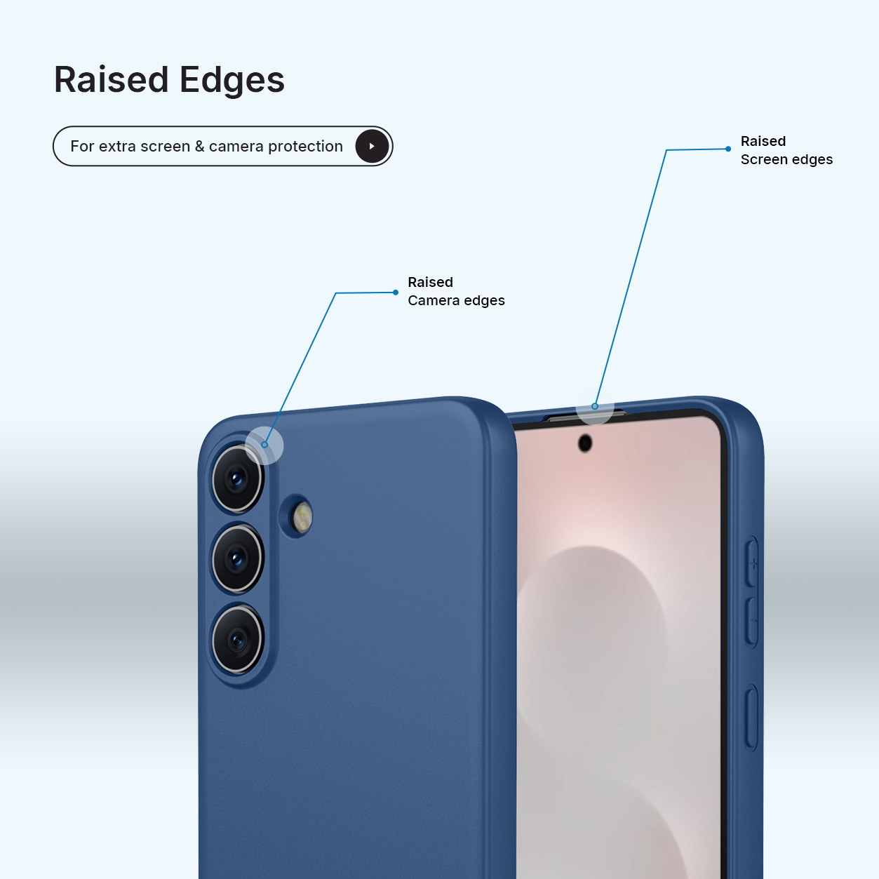 Een blauwe telefoonhoes met verhoogde randen ter bescherming van scherm en camera.