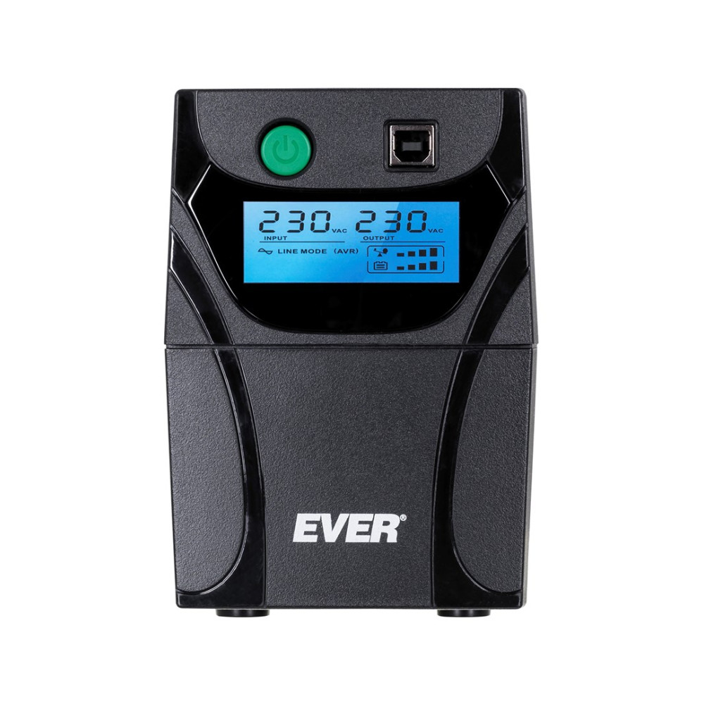 Czarny zasilacz awaryjny EVER z niebieskim wyświetlaczem, zielonym przyciskiem.