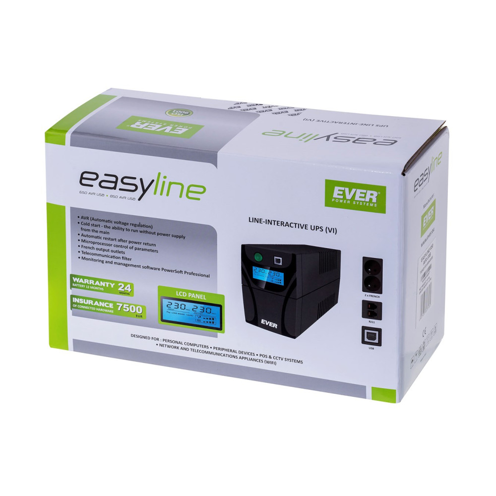 Pudełko Easyline Line-Interactive UPS z czarną jednostką UPS i akcesoriami.
