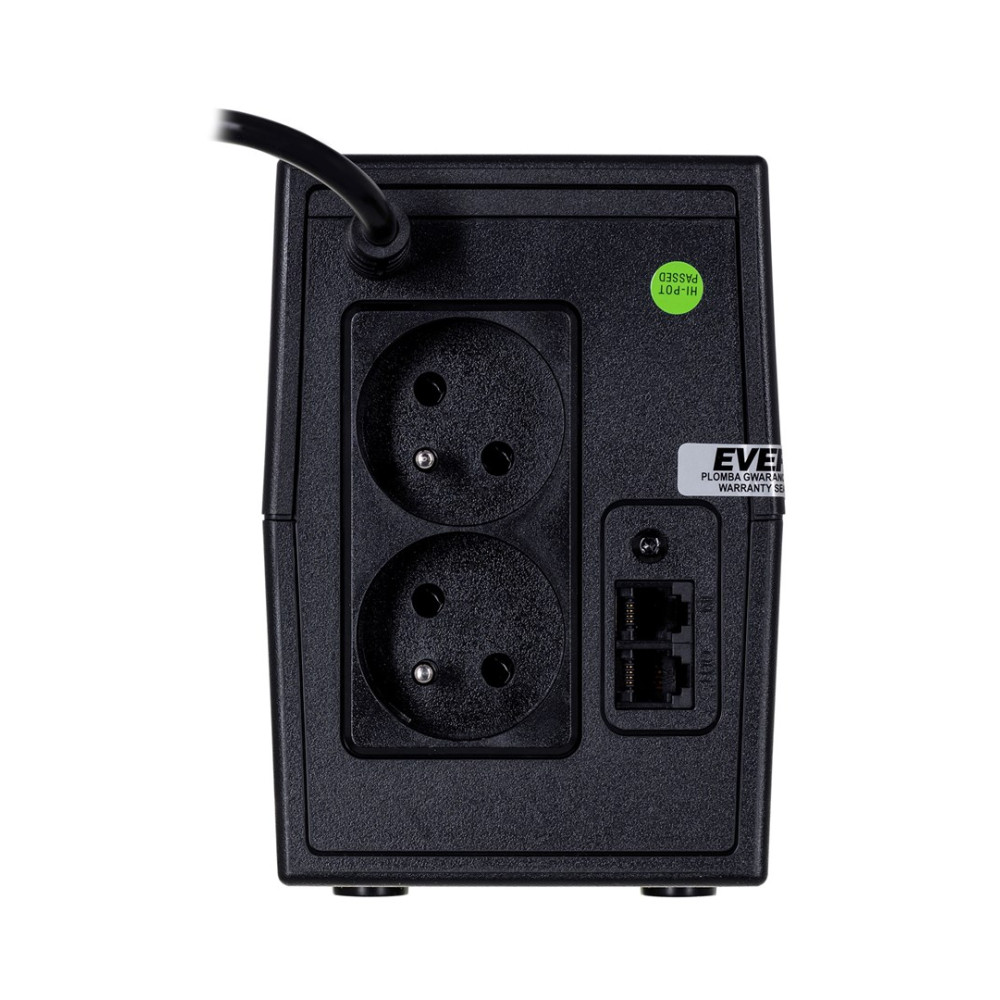 Tył czarnego urządzenia UPS z dwoma gniazdami i dwoma portami RJ.