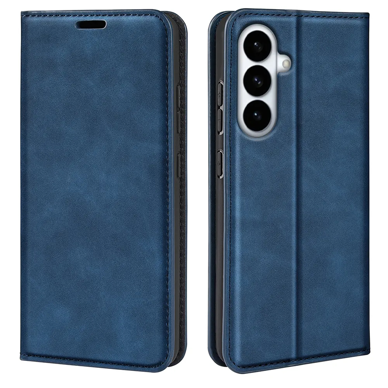 Donkerblauwe leren telefoonhoes, gesloten en open, met camera-uitsparing.