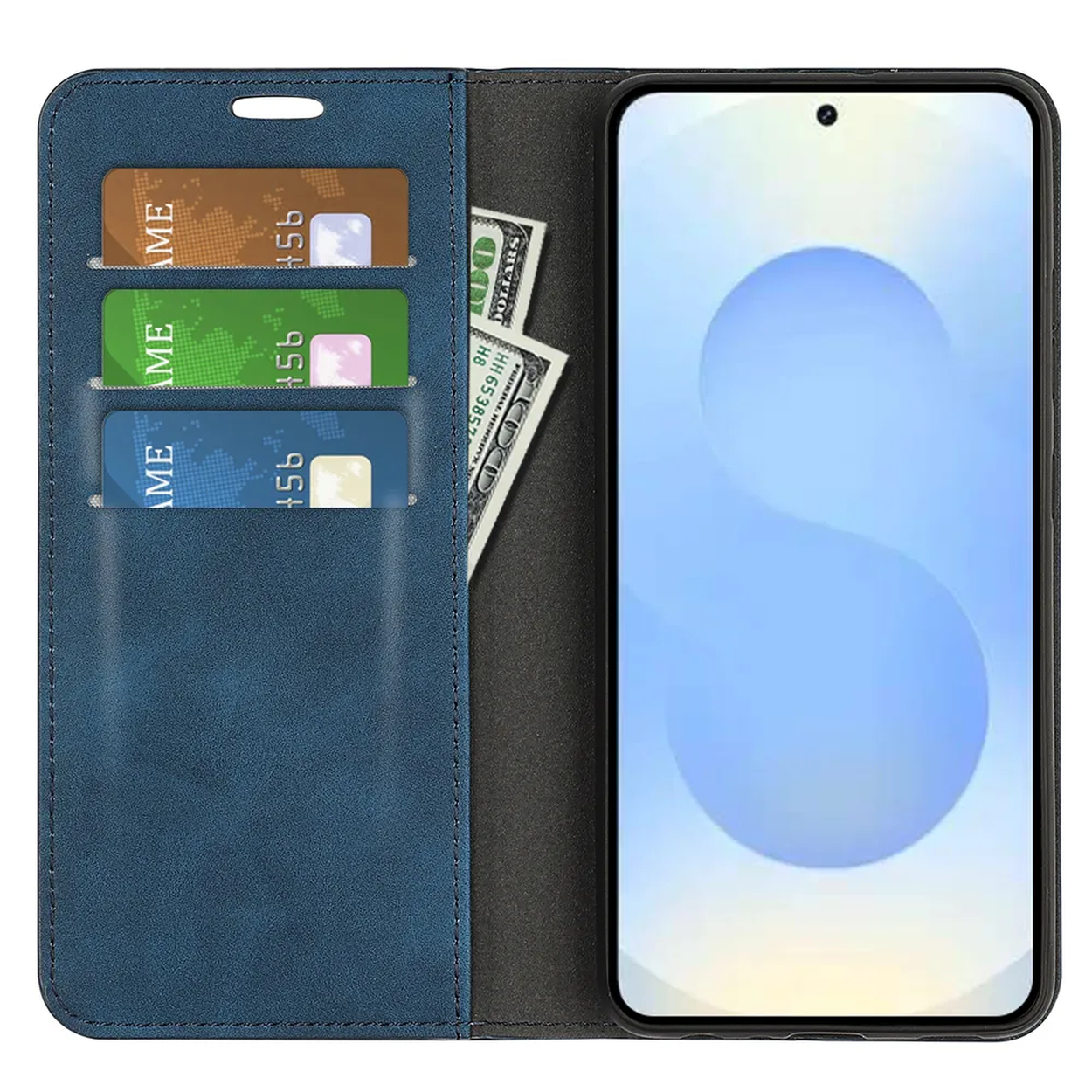 Blauwe telefoon flipcase met drie kaarthouders en bankbiljetten.