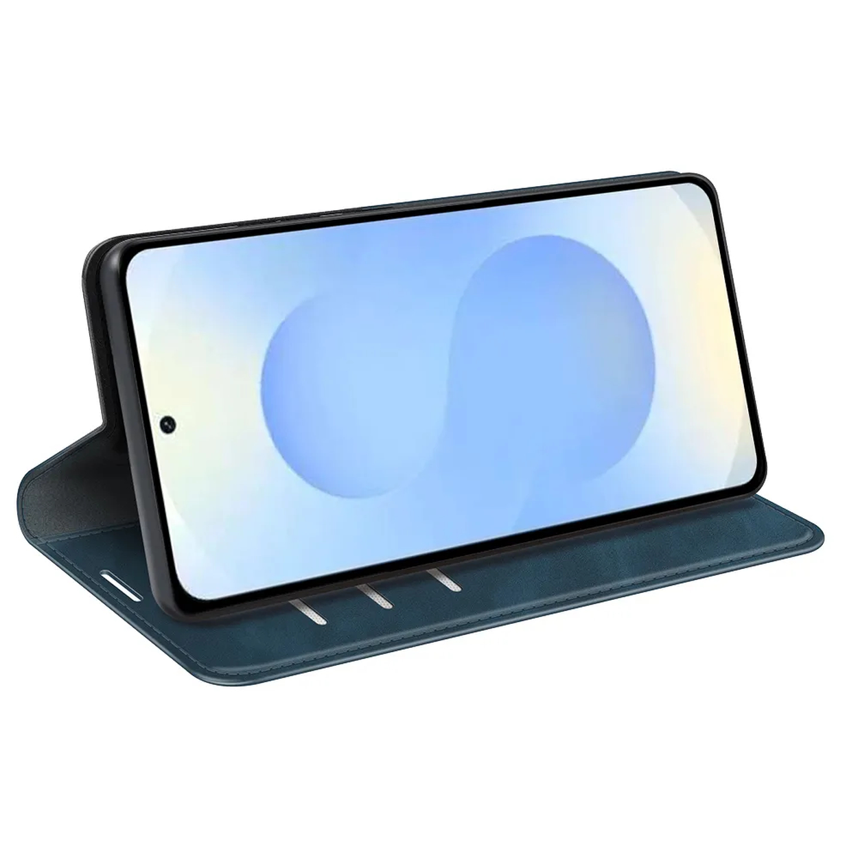 Een smartphone in een blauwe flipcase, rechtop staand.