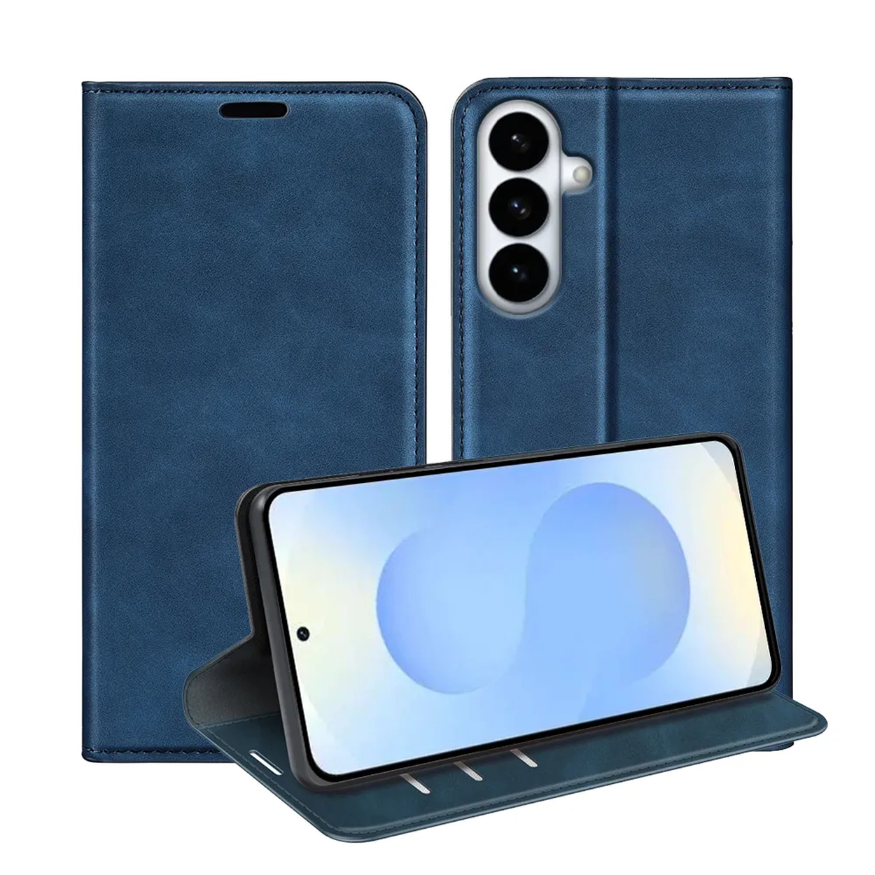 Een blauwe telefoonhoes met drie cameralenzen en een smartphone.