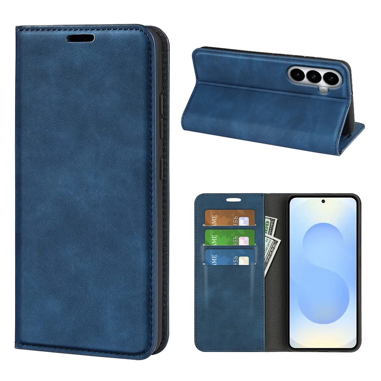 Blauw telefoonhoesje met kaartsleuven en staande telefoon.