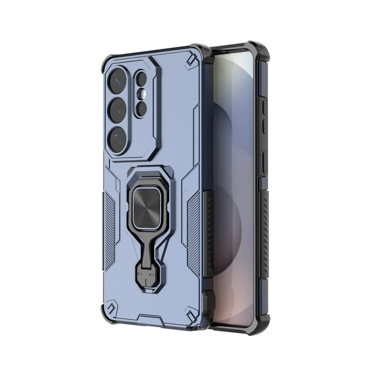 Een blauwe telefoonhoes met ringhouder en camerabescherming.
