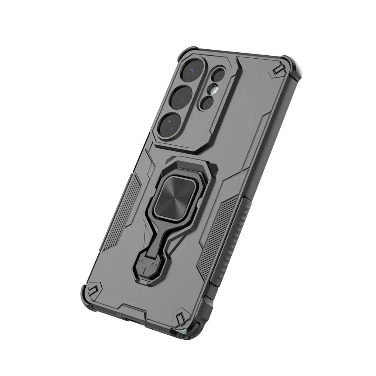 Coque de téléphone gris foncé avec support anneau et découpes caméra.
