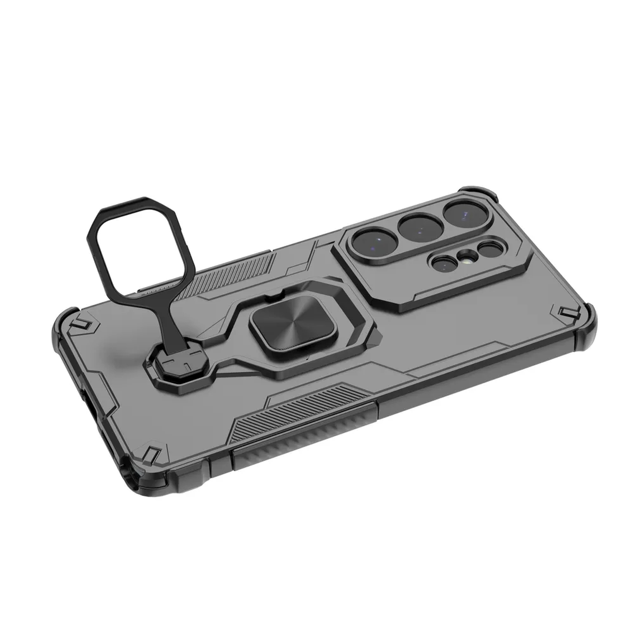 Coque de téléphone grise avec anneau-support et fonction béquille.