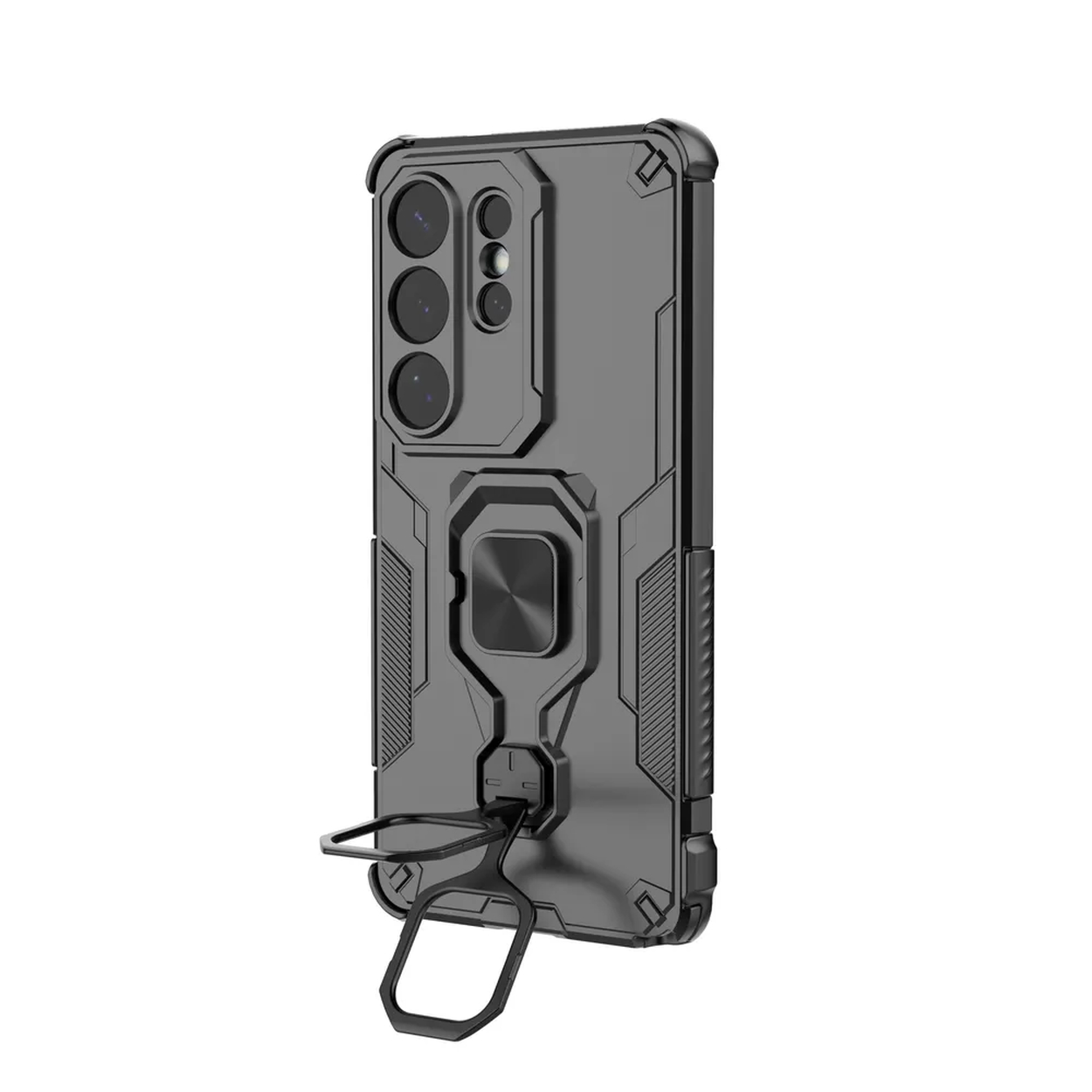 Coque de téléphone grise avec support bague et bloc caméra.