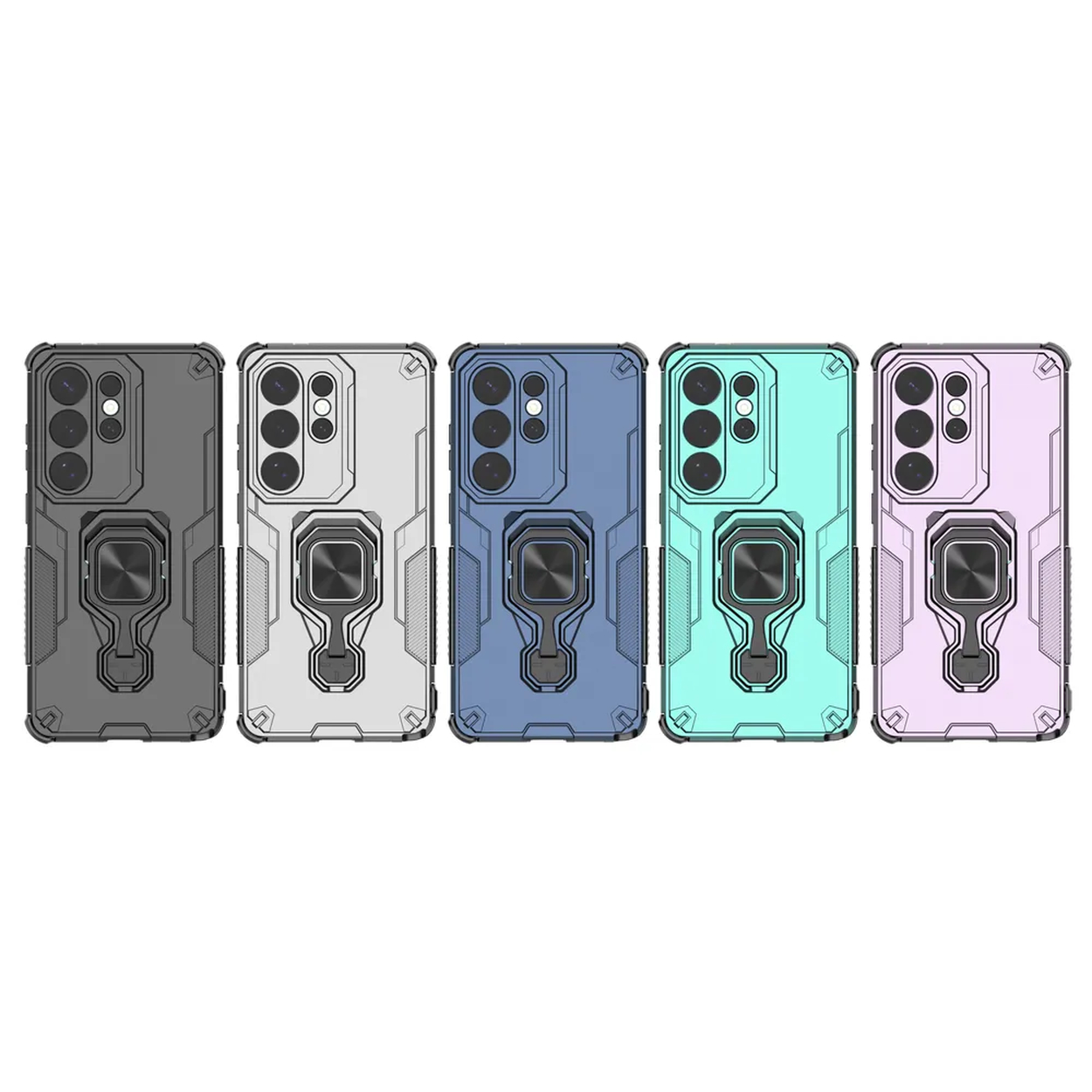 Cinq coques de téléphone grises, blanches, bleues, turquoise et roses avec support.