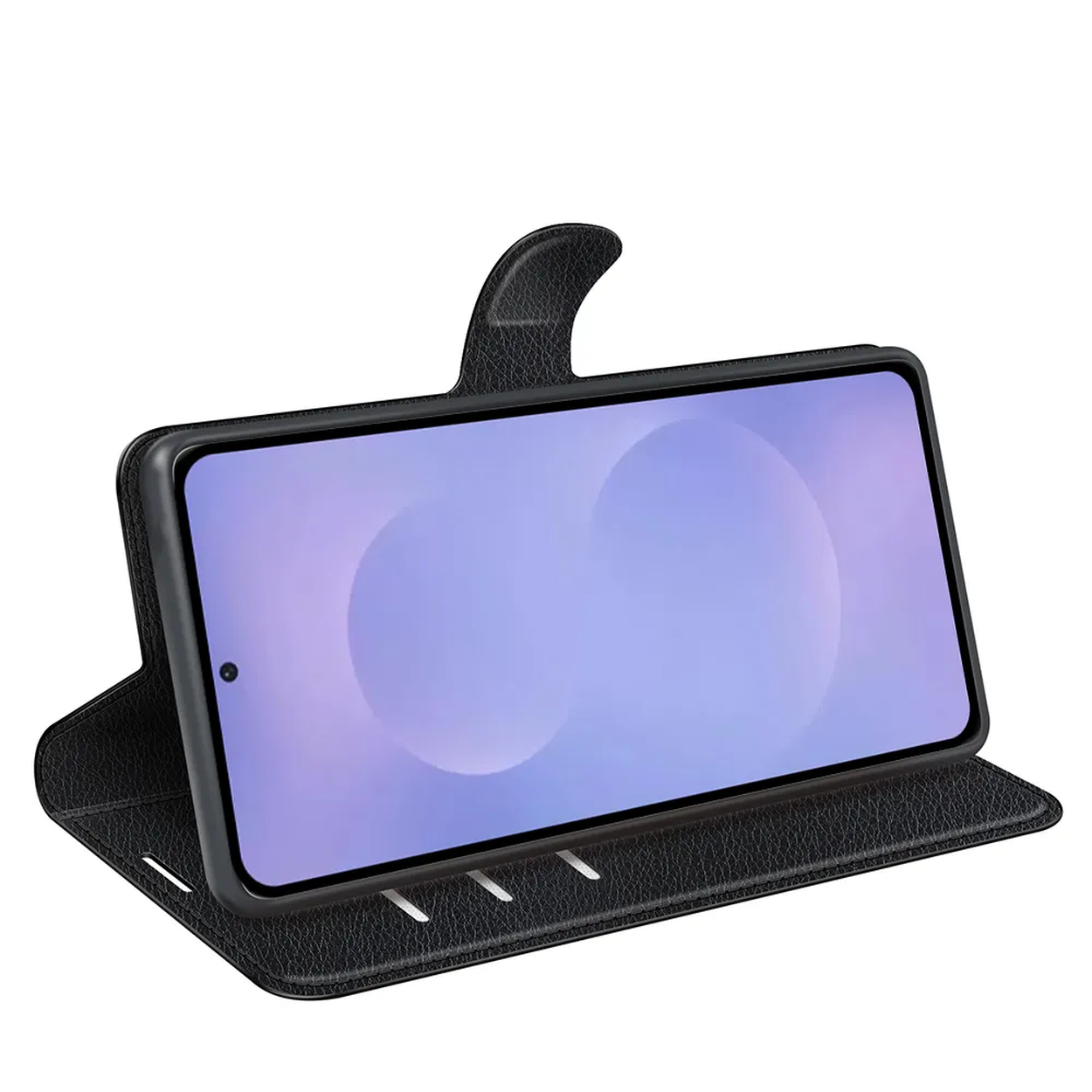 Zwarte flip-stijl telefoonhoes met een telefoon, tegen een witte achtergrond.