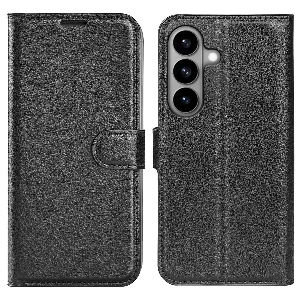Zwarte leren flip telefoonhoes met drie cameralenssen en flitser.