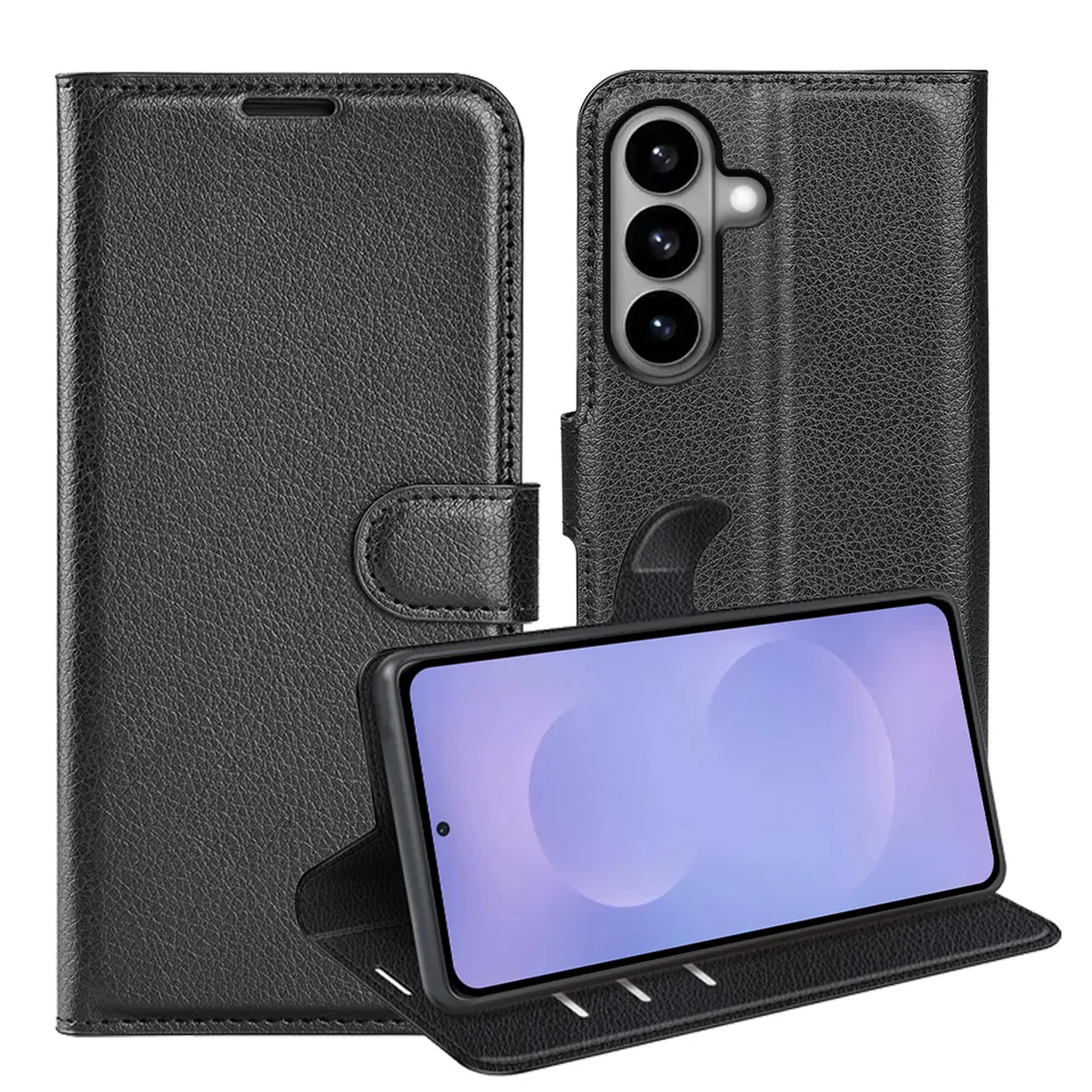 Zwarte lederen telefoonhoes set met drie camera's en een scherm.