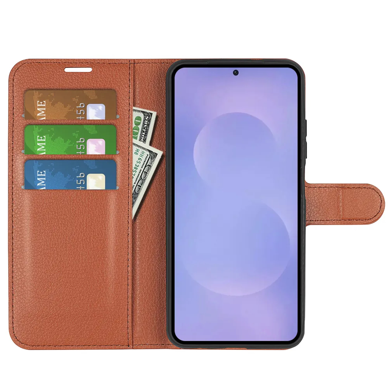Bruine telefoonhoes met kaartsleuven en bankbiljetten, naast een telefoon.