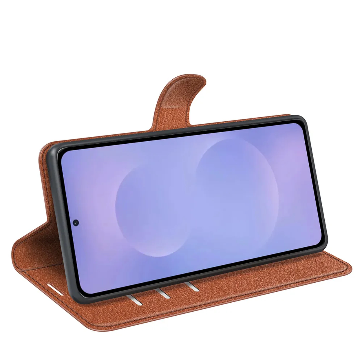 Een bruine leren flipcase voor een smartphone, rechtopstaand.