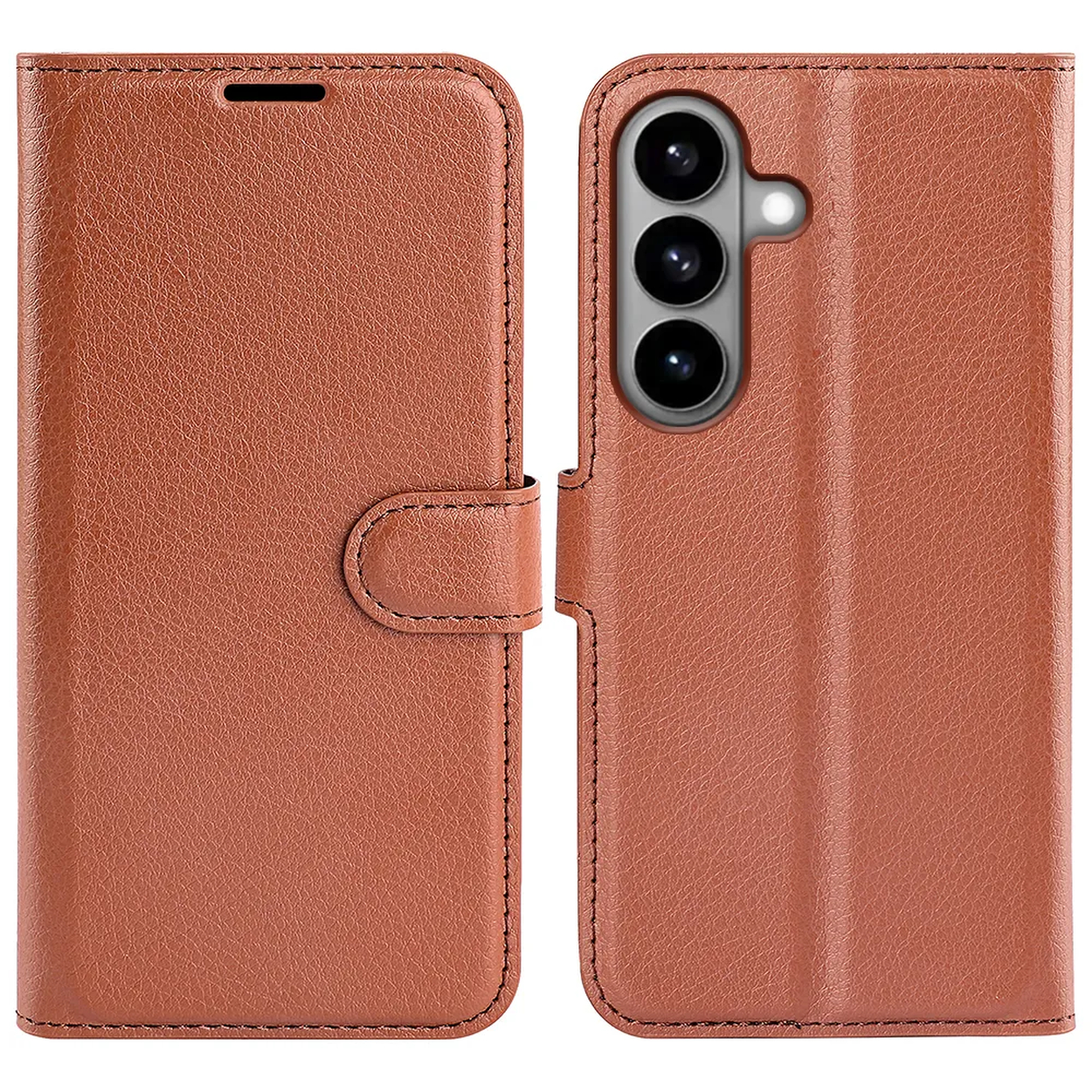Bruine leren telefoonhoes met camerauitsparing en sluitklep.
