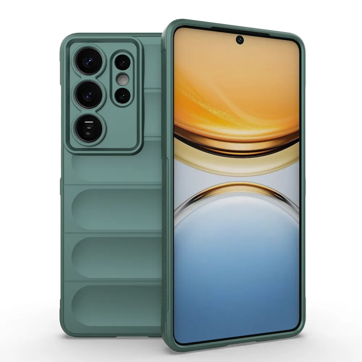 Een groene smartphone met vier camera's aan de achterkant en een volledig scherm.