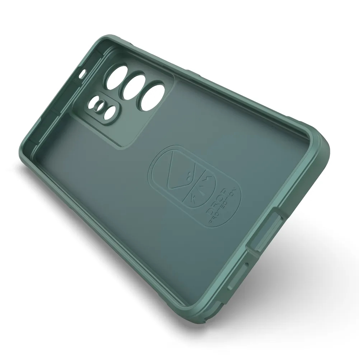 Groene telefoonhoes met camera-uitsparing en logo op de achterkant.