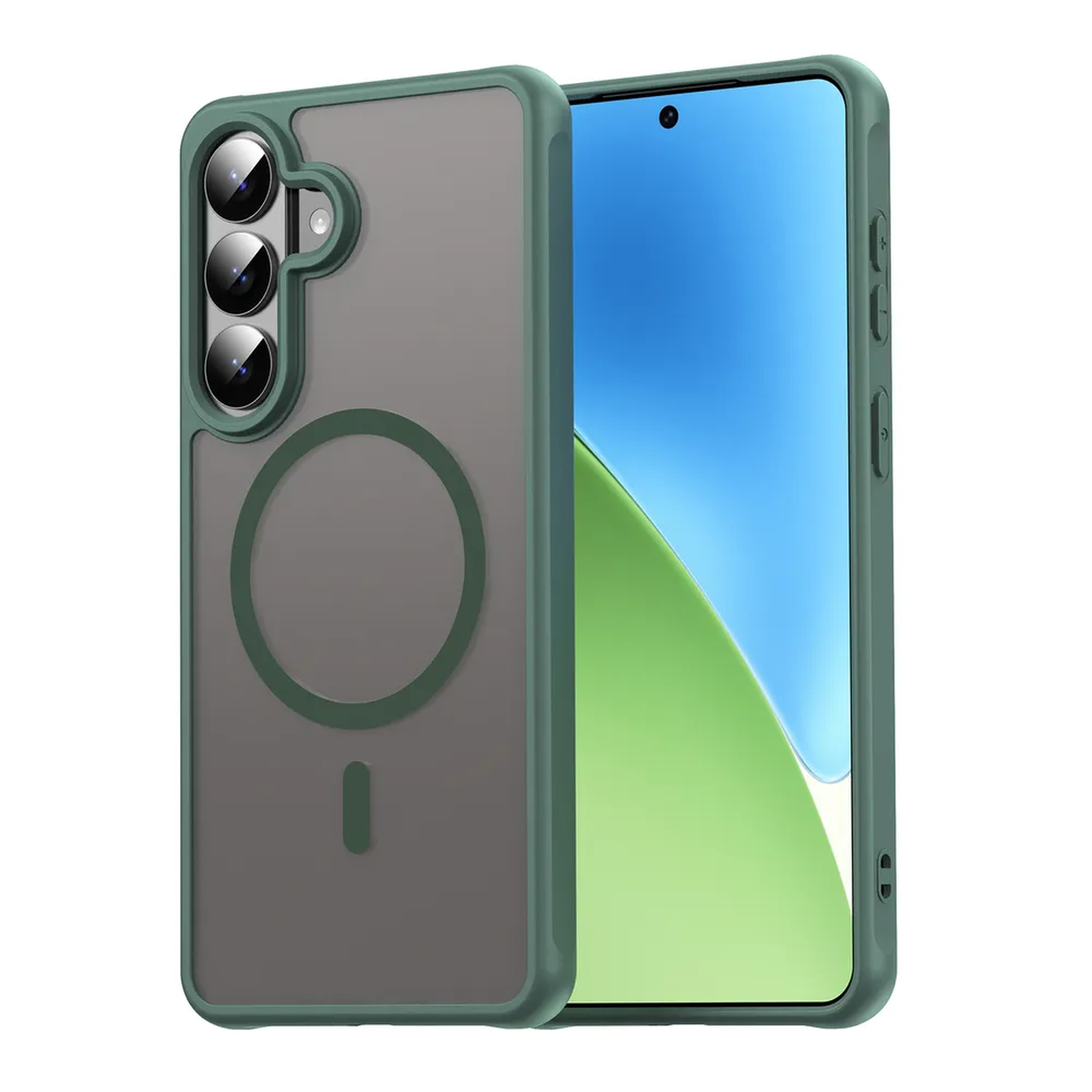 Groene telefoonhoes met MagSafe-ring op transparante achterkant en drie camera's.