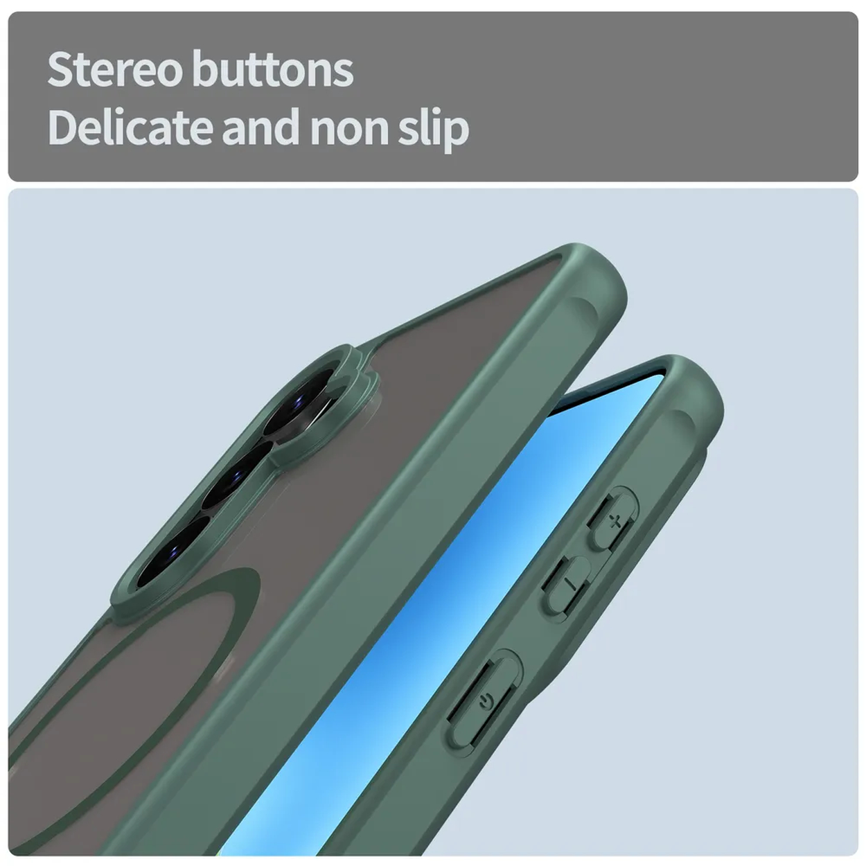 Groene telefoonhoes met drie cameralenzen en zijtoetsen.