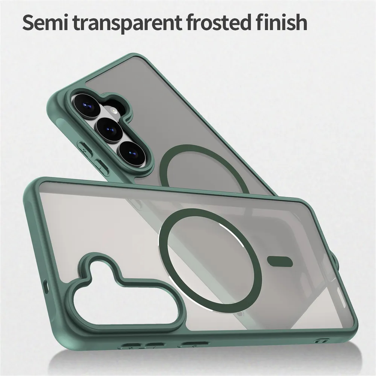 Twee transparante groene telefoonhoesjes met mat effect, één toont cameralenzen.