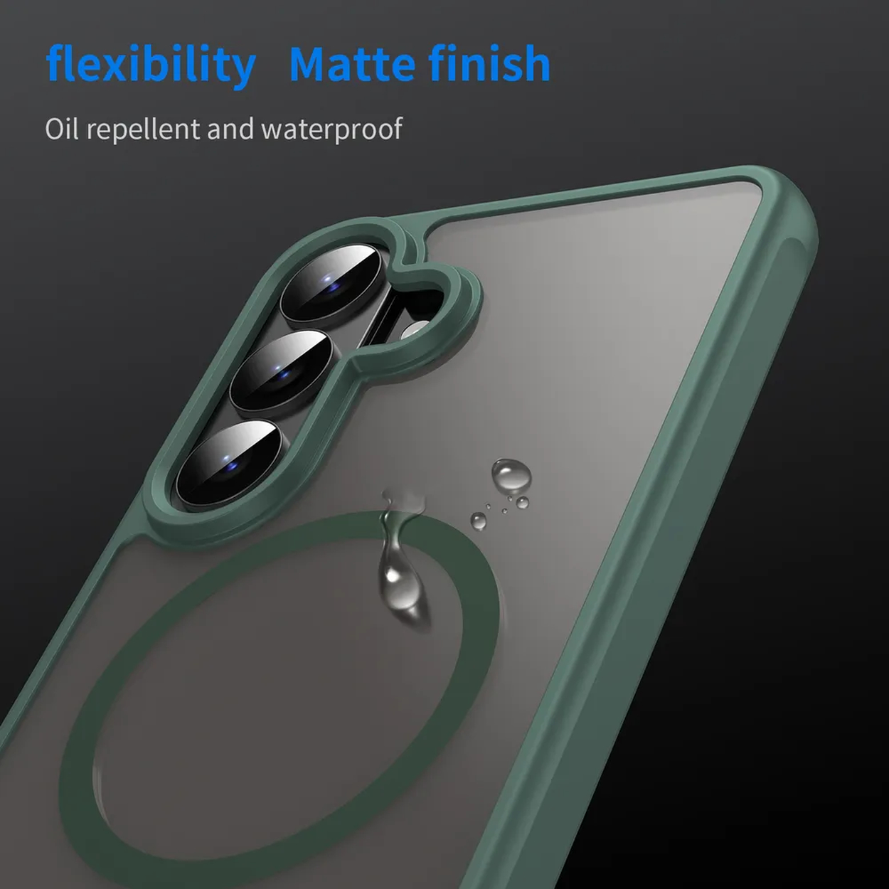 Groene telefoonhoes met drie cameralenzen en waterdruppels.