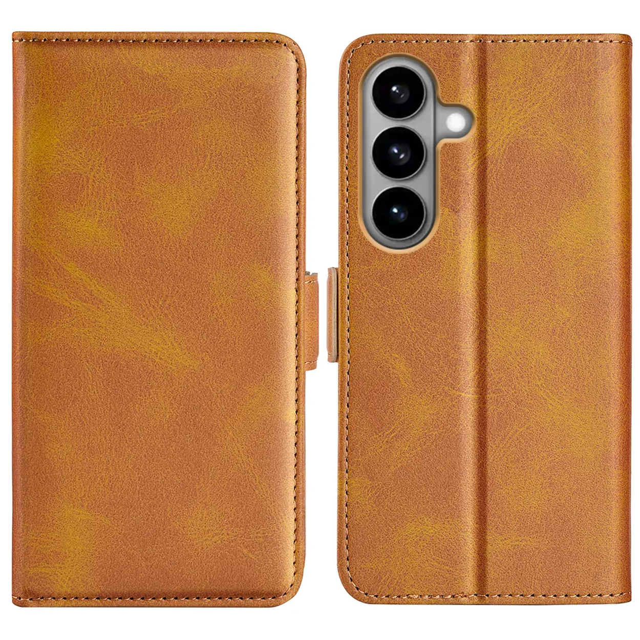 Bruine leren telefoonhoes met cameralenzen aan één kant en klep aan de andere.