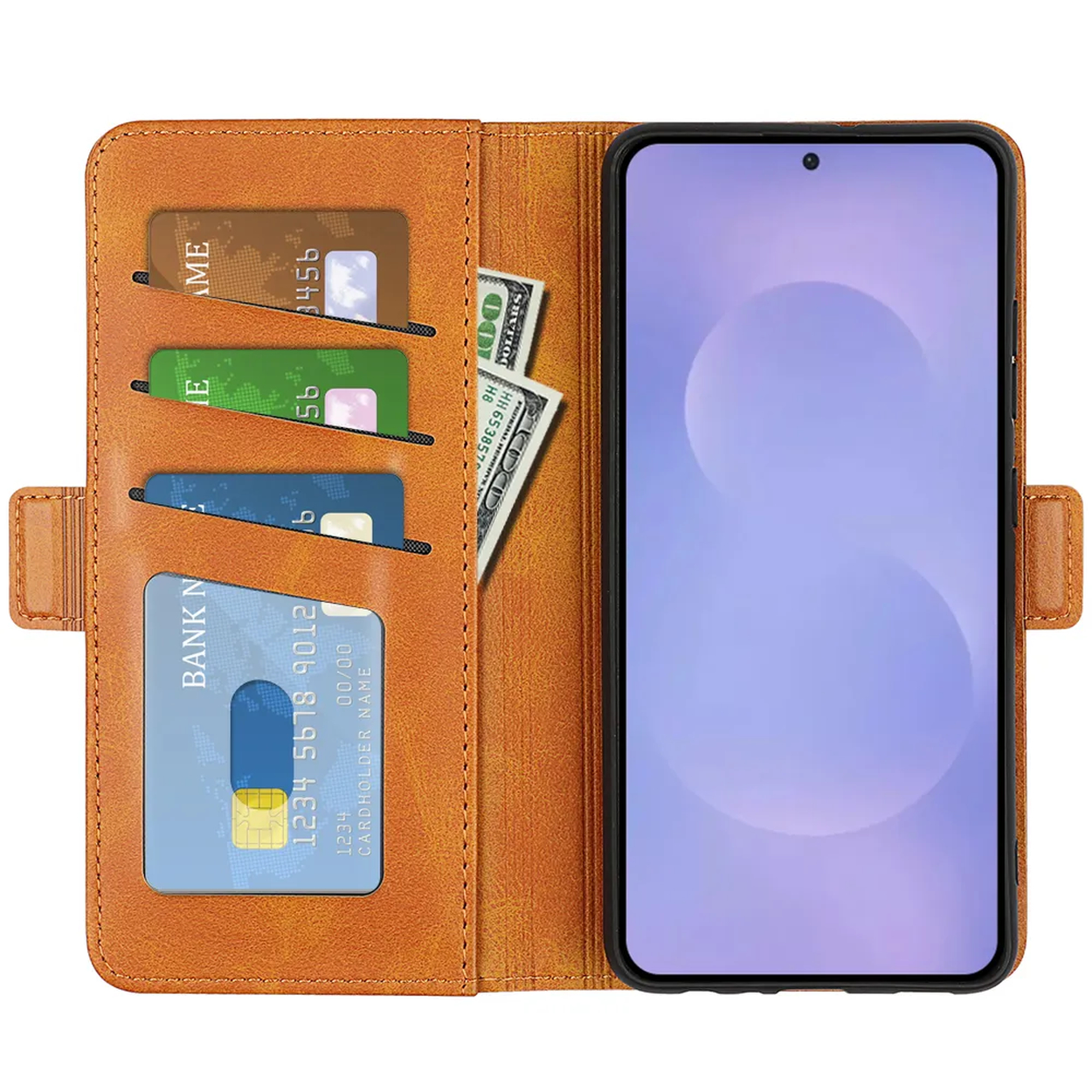 Bruine telefoonhoes met kaartsleuven, bankbiljetten en een smartphone.