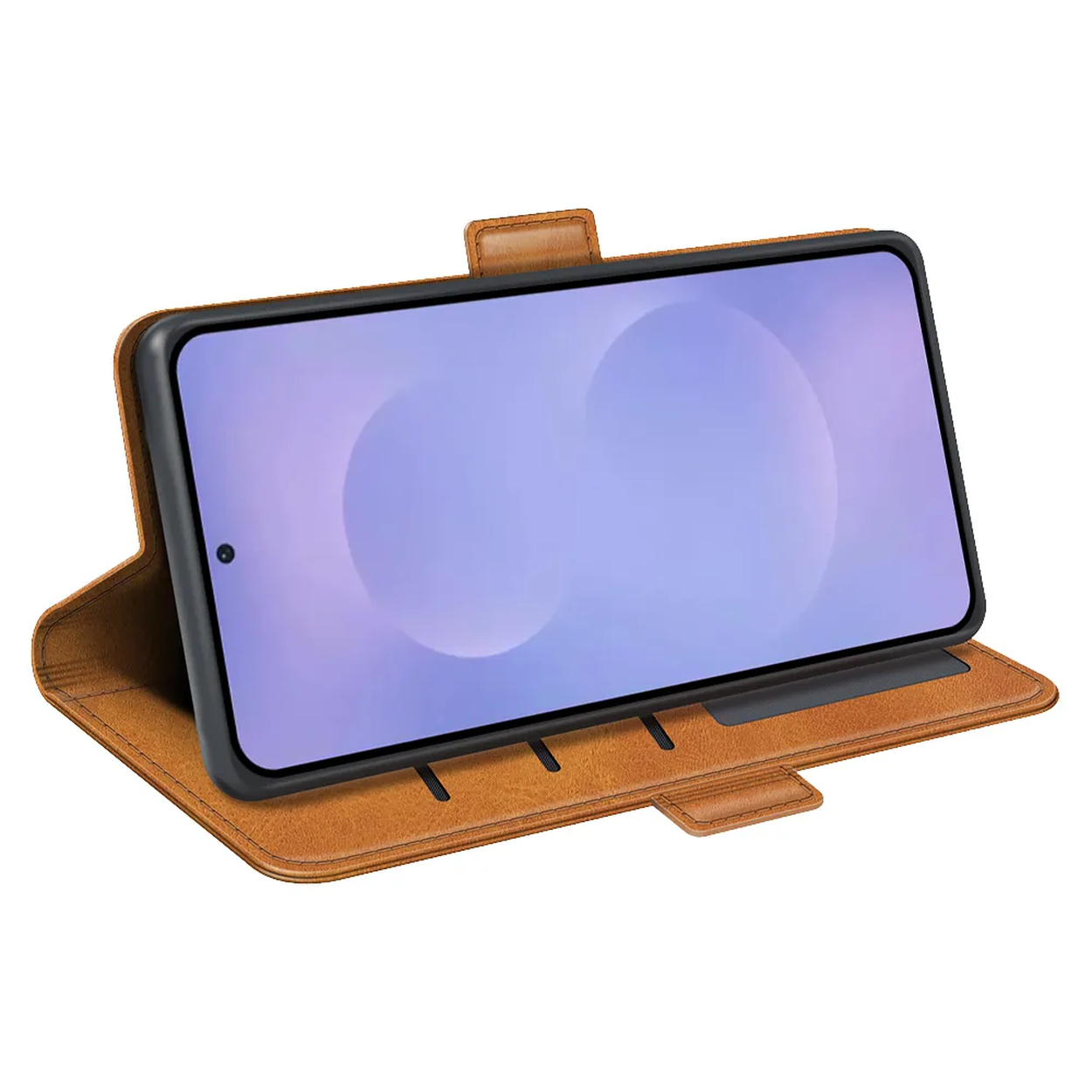 Een bruine leren portemonnee telefoonhoes met een smartphone in liggende modus.