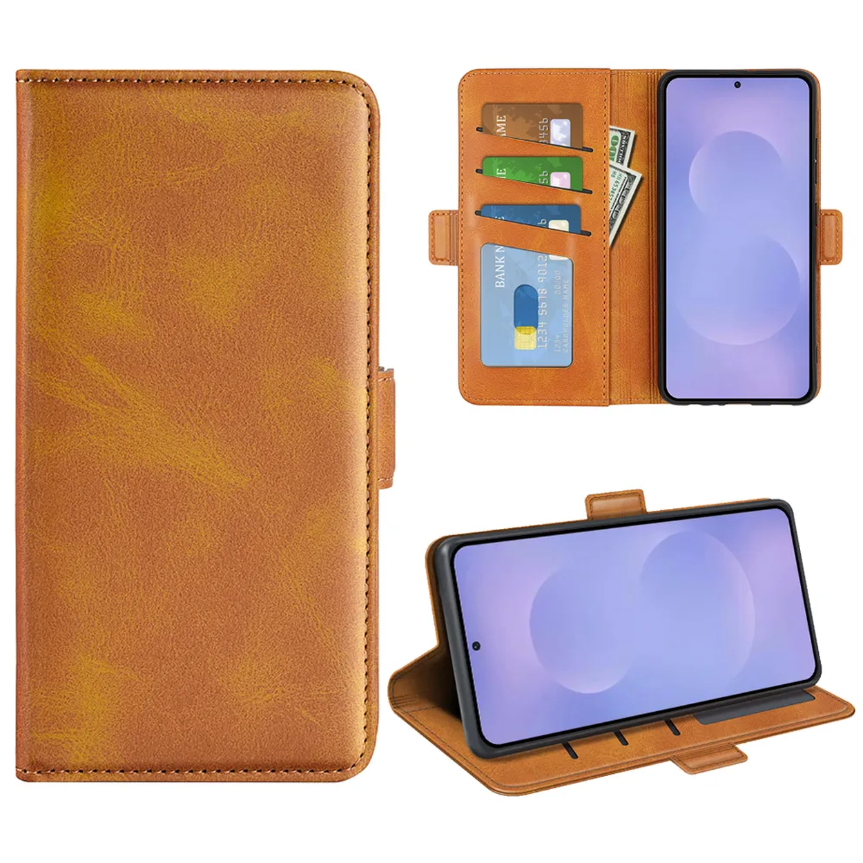 Bruine leren flipcase voor smartphone met kaarthouders en geldvak.